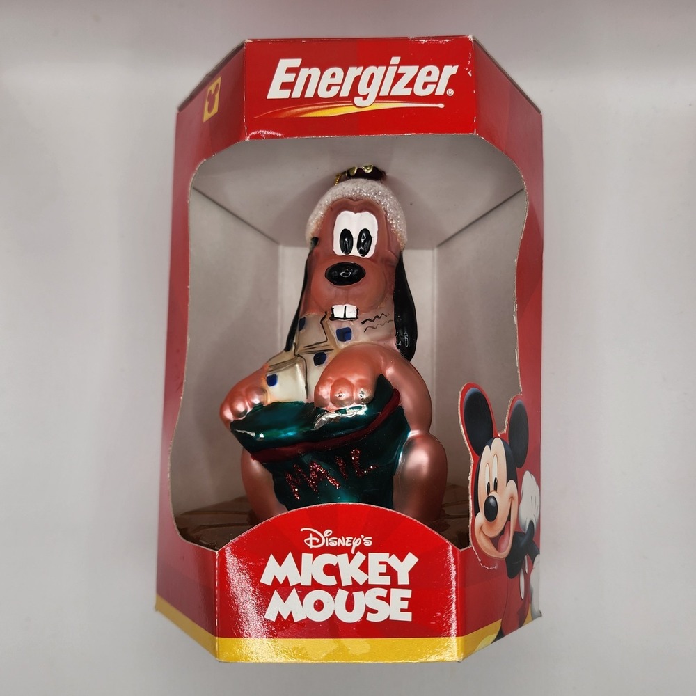 Disney Mickey Christmas Ornament Blown Glass Collector Energizer Pluto Mail